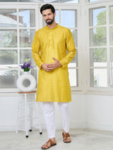 Yellow Embroidered Thread Work Sequin Chanderi Silk Straight Kurta