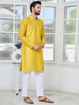 Yellow Embroidered Thread Work Sequin Chanderi Silk Straight Kurta