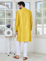 Yellow Embroidered Thread Work Sequin Chanderi Silk Straight Kurta