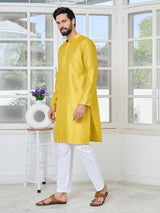Yellow Embroidered Thread Work Sequin Chanderi Silk Straight Kurta