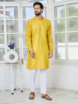 Yellow Embroidered Thread Work Sequin Chanderi Silk Straight Kurta