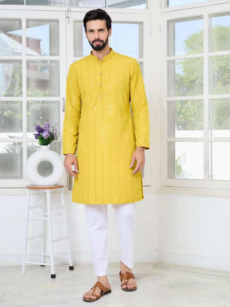 Yellow Embroidered Thread Work Sequin Rayon Straight Kurta