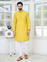 Yellow Embroidered Thread Work Sequin Rayon Straight Kurta