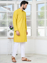Yellow Embroidered Thread Work Sequin Rayon Straight Kurta