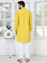 Yellow Embroidered Thread Work Sequin Rayon Straight Kurta