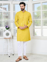Yellow Embroidered Thread Work Sequin Rayon Straight Kurta