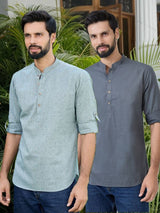 Men Pack Of 2 Turquoise Blue & Grey Cotton Solid Short Kurta