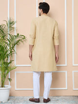 Beige Delux Cotton Straight Kurta with Embroidered Neck