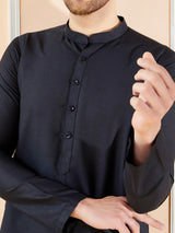 Black Cotton Solid Straight Kurta with Matching Pyjama