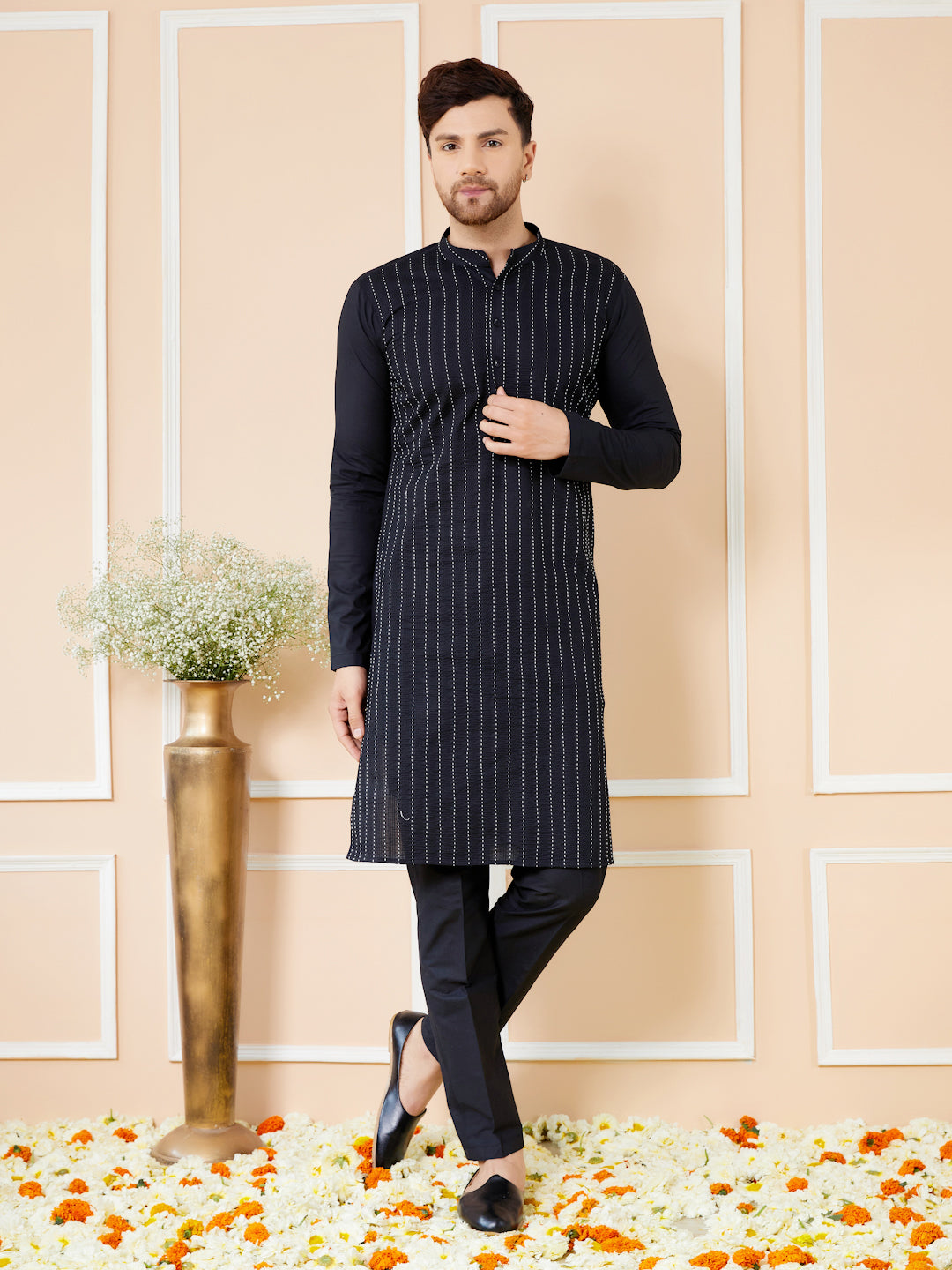 Black Thread Worked Straight Kurta with Matching Pyjama