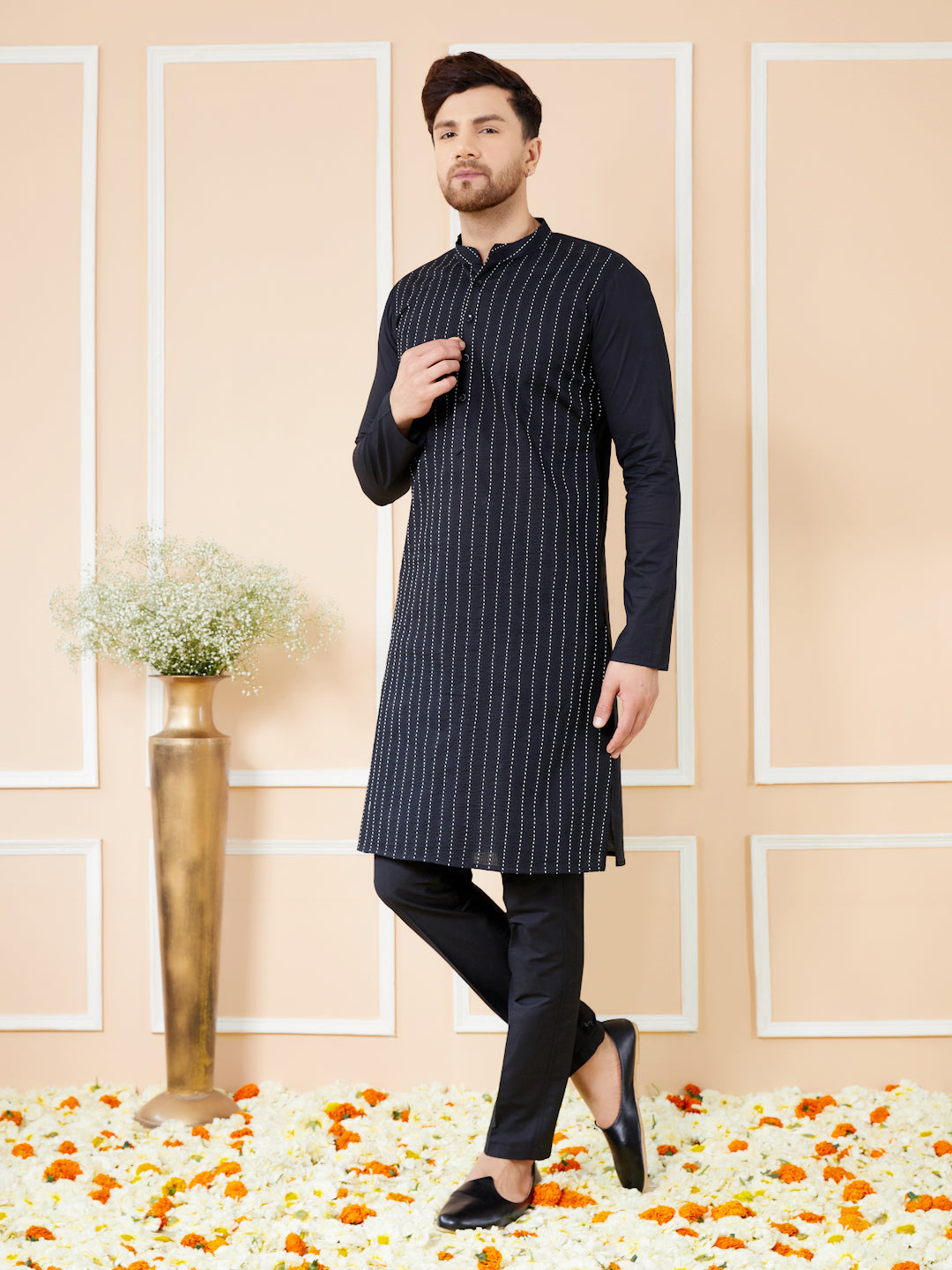 Black Thread Worked Straight Kurta with Matching Pyjama