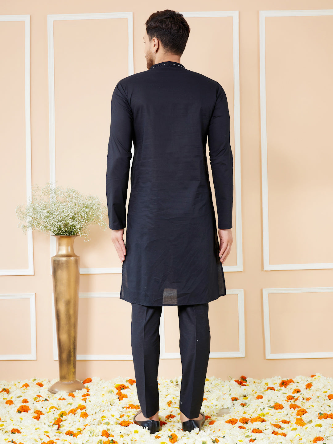 Black Thread Worked Straight Kurta with Matching Pyjama
