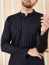 Black Thread Worked Straight Kurta with Matching Pyjama