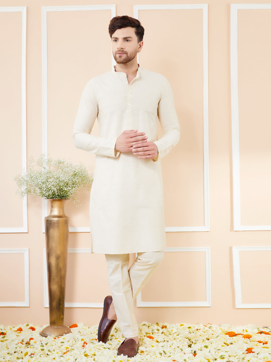 Ivory Cotton Solid Straight Kurta with Matching Pyjama