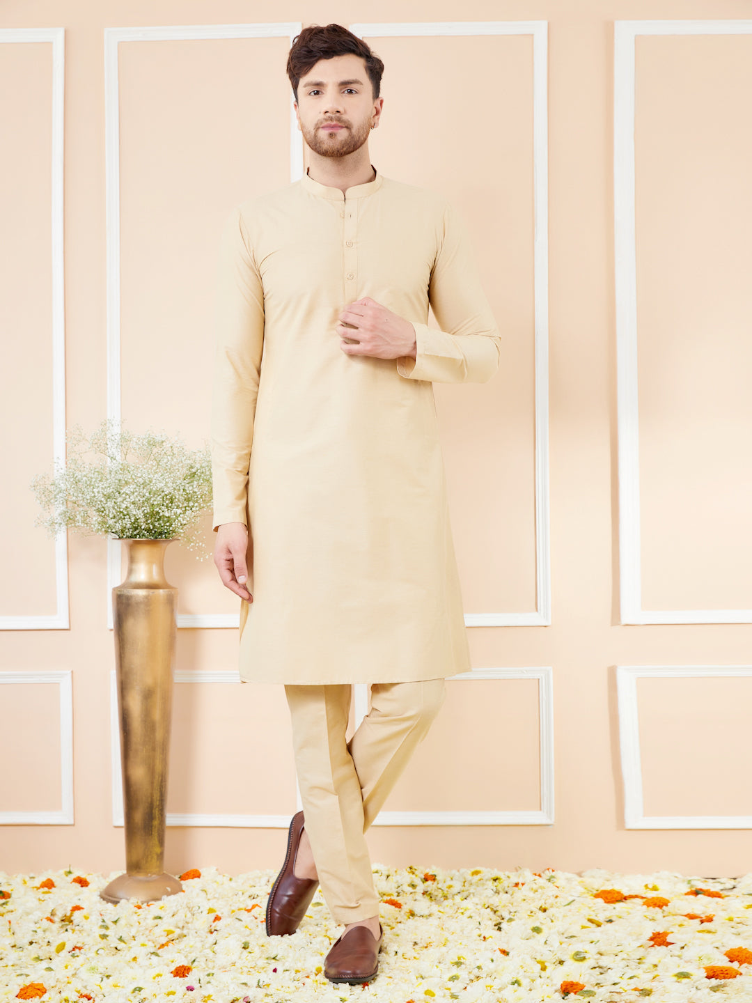 Cream Cotton Solid Straight Kurta with Matching Pyjama