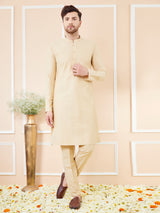 Cream Cotton Solid Straight Kurta with Matching Pyjama