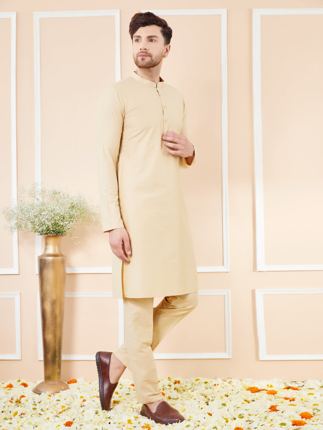 Cream Cotton Solid Straight Kurta with Matching Pyjama