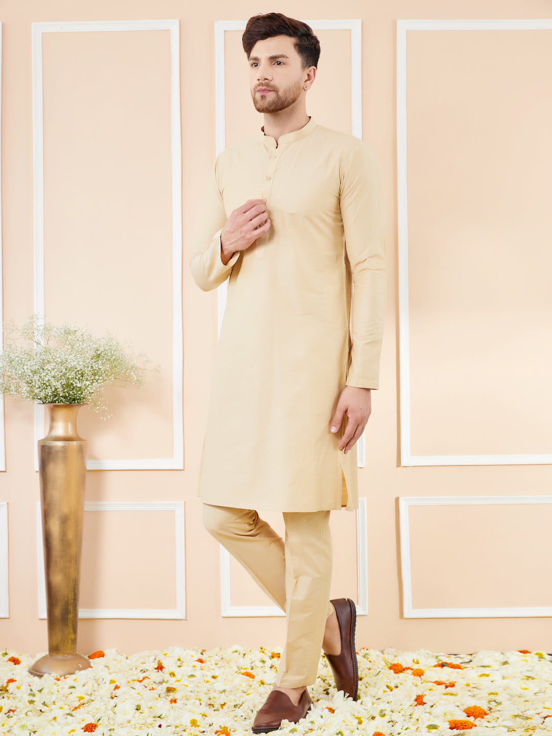 Cream Cotton Solid Straight Kurta with Matching Pyjama
