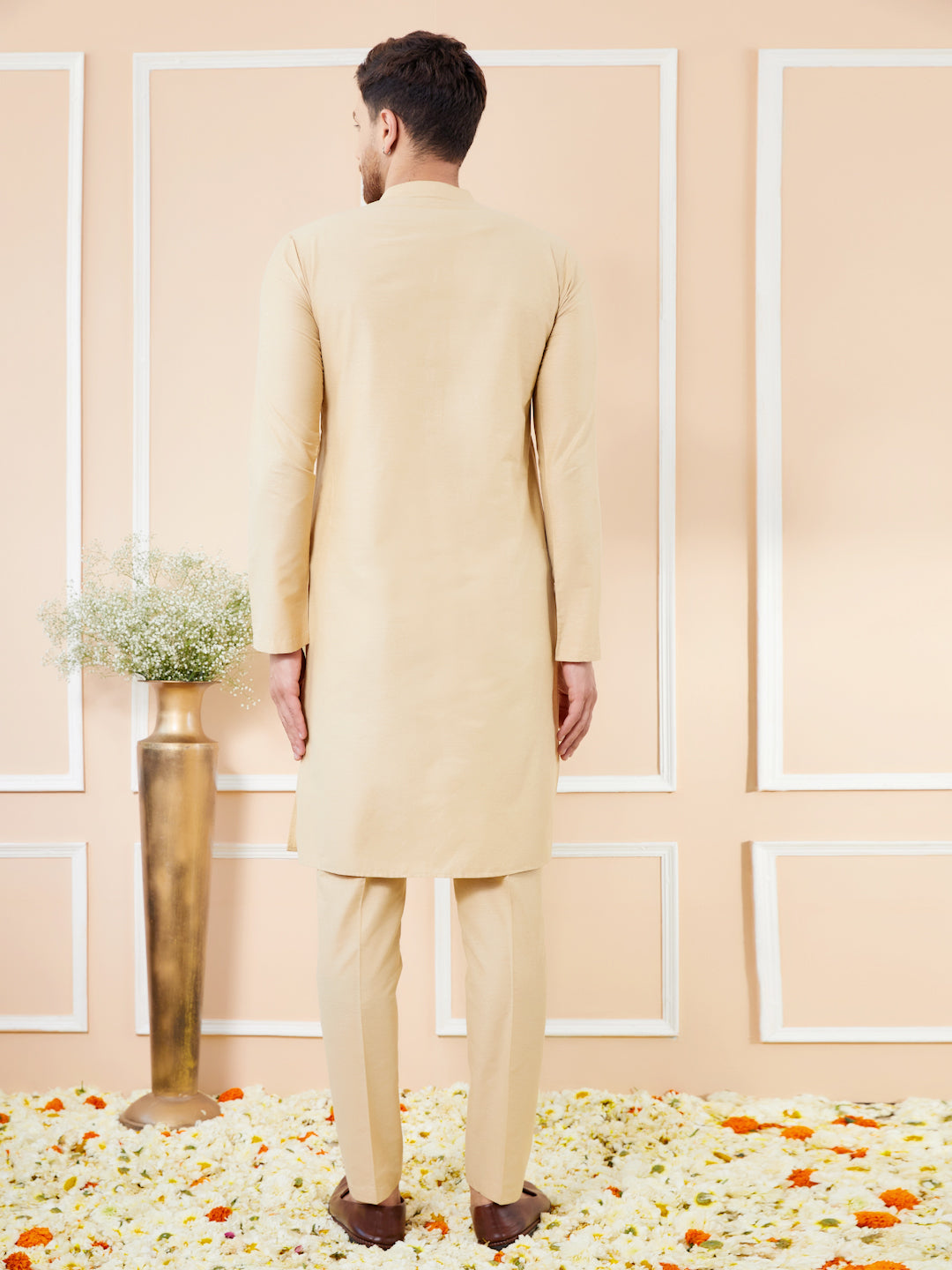 Cream Cotton Solid Straight Kurta with Matching Pyjama