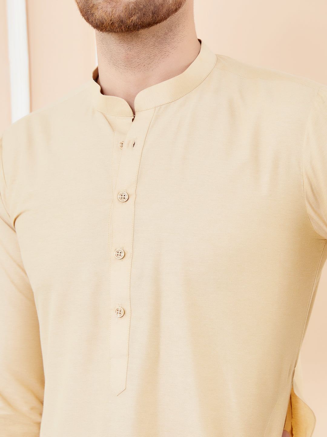 Cream Cotton Solid Straight Kurta with Matching Pyjama
