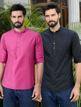 Men Pack Of 2 Pink & Black Cotton Solid Short Kurta