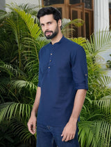 Men Pack Of 2 Navy Blue & Grey Cotton Solid Short Kurta